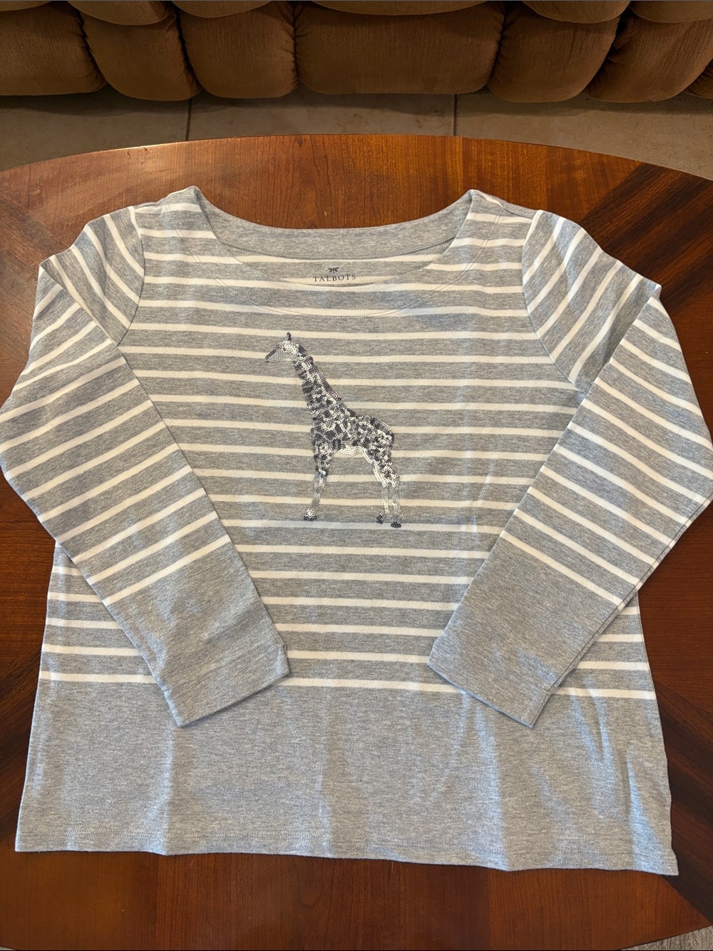 Talbots Women’s Grey & White Striped Long-Sleeve Top with Sequin Giraffe
